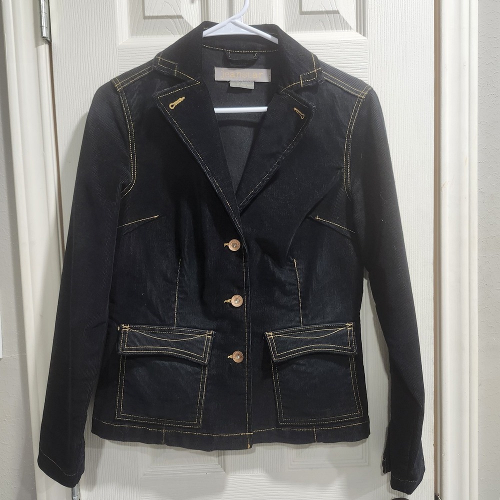 Jeanstar Women's Corduroy Blazer Jacket Sz M Black Gold Stitch Button Front